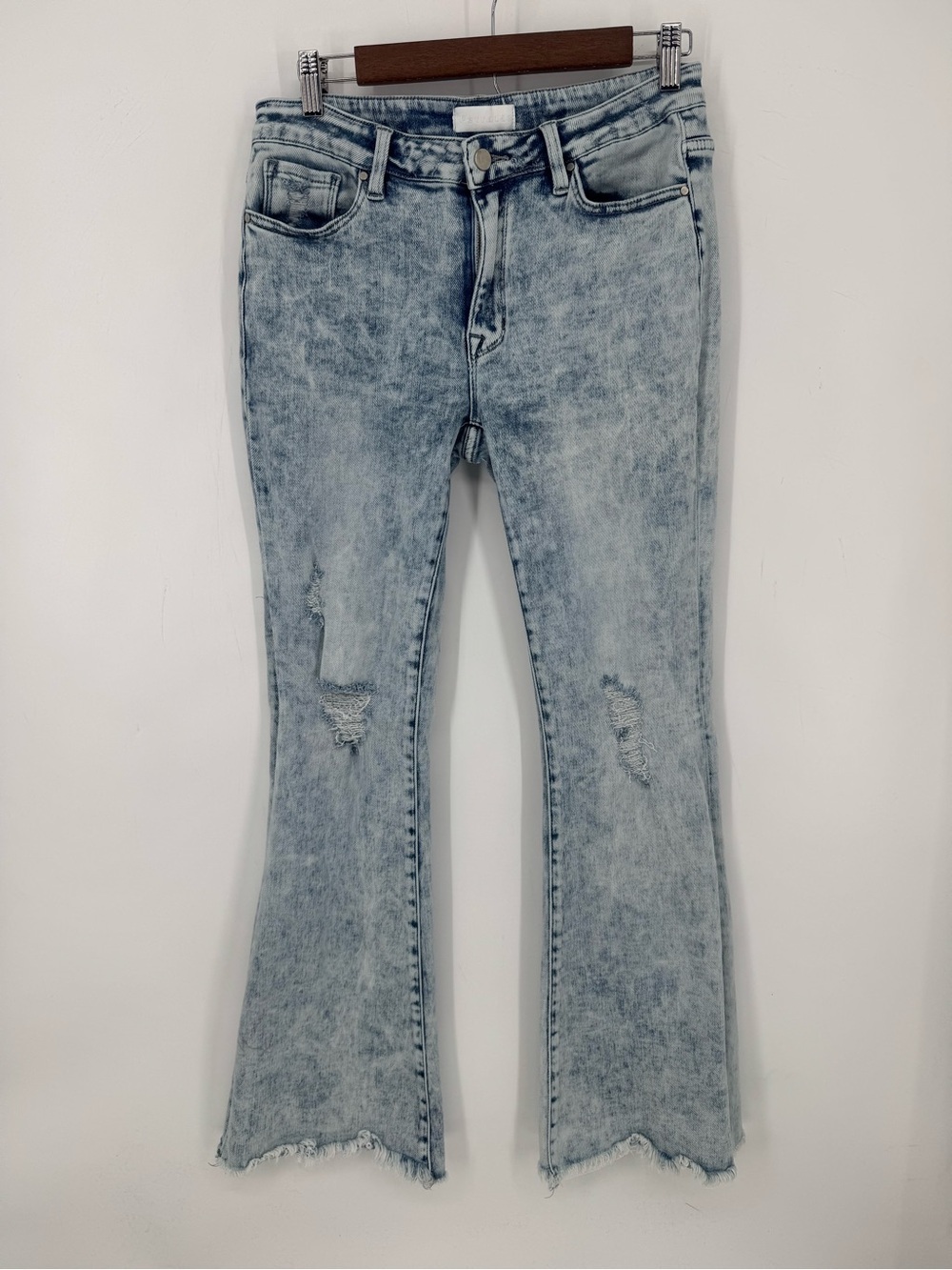 Petra 153 Acid Wash Distressed Flare Jeans Y2K Grunge Raw Hem Denim Size 11/29
